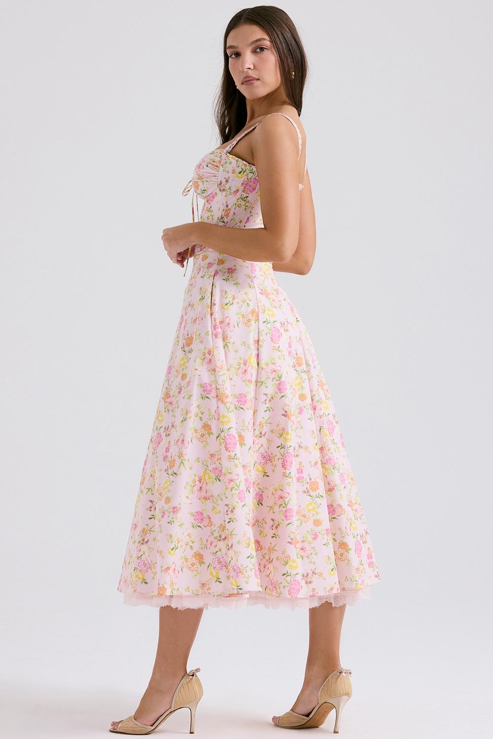 Rosalee  pink meadow print cotton bustier sundress Product Image