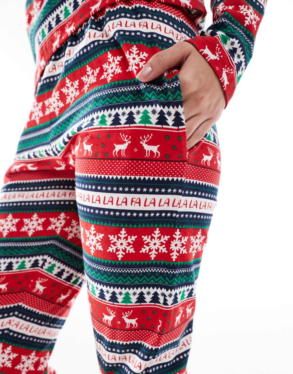 Threadbare Christmas fairisle print long pajama set in red Product Image