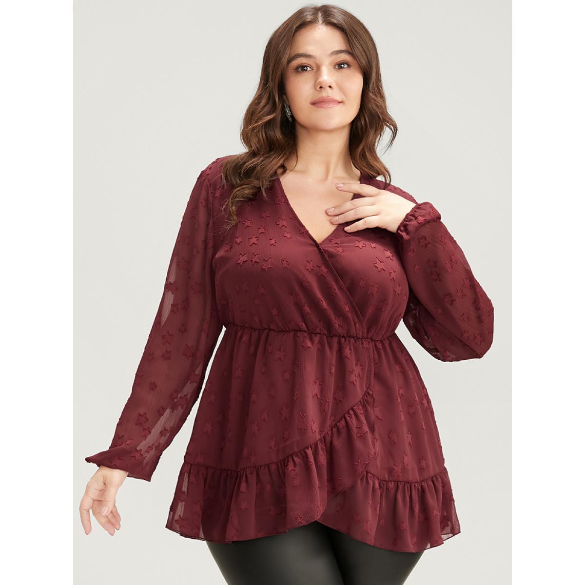 Plus Size Burgundy Star Mesh Lantern Sleeve Surplice Neck Ruffle Hem Blouse Women Glamour Long Sleeve V-neck Going out Blouses BloomChic 26/4X Product Image