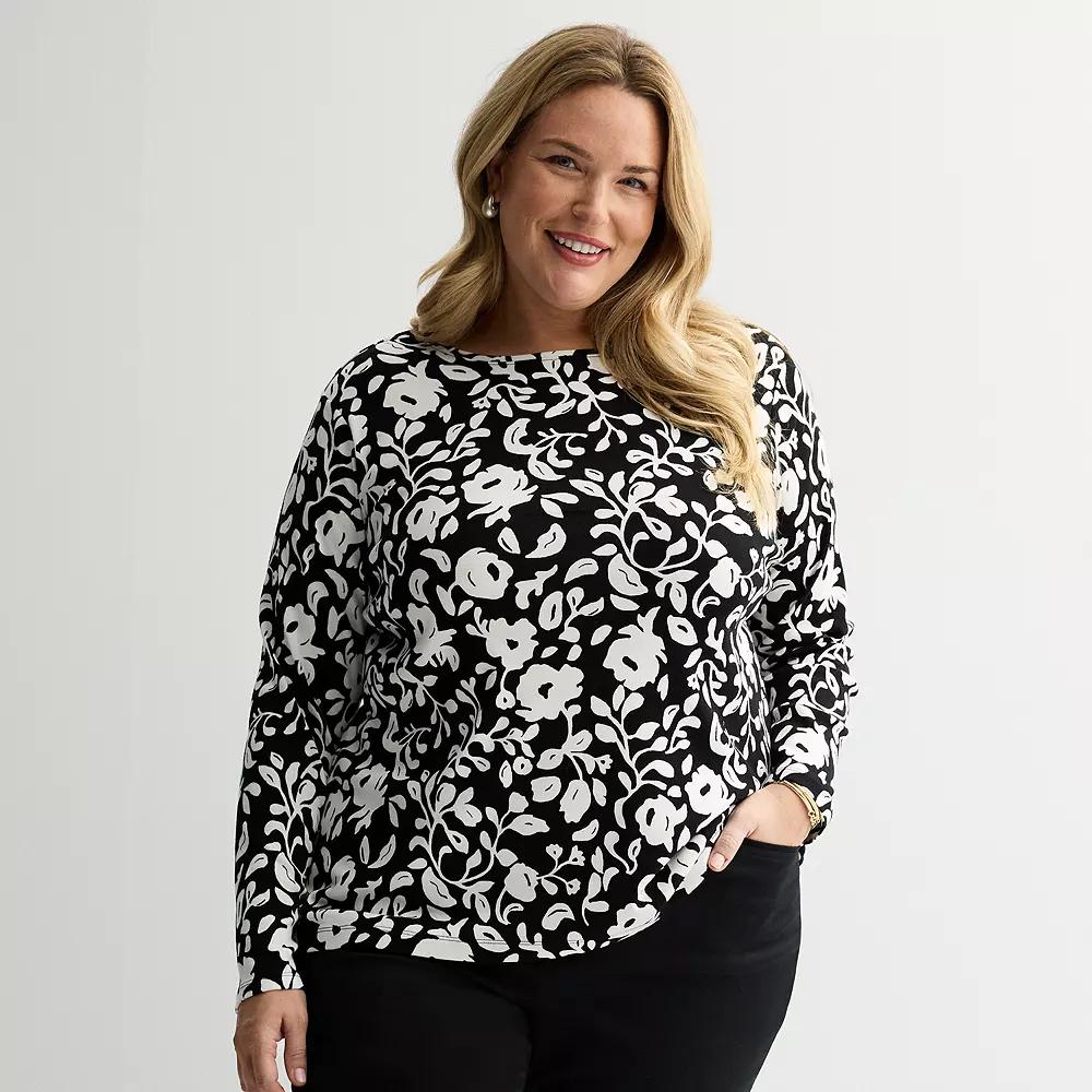 Plus Size Croft & Barrow® Essential Crewneck Long Sleeve Tee, Women's, Size: 3XL, Black Chic Floral Product Image