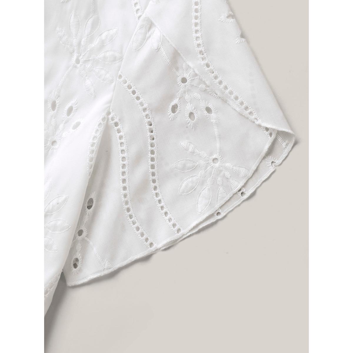 Plus Size WhiteSmoke Embroidered Eyelet Trim Pleated Shirt Women Short sleeve Round Neck Everyday-Elegant Blouses BloomChic 12/L Product Image