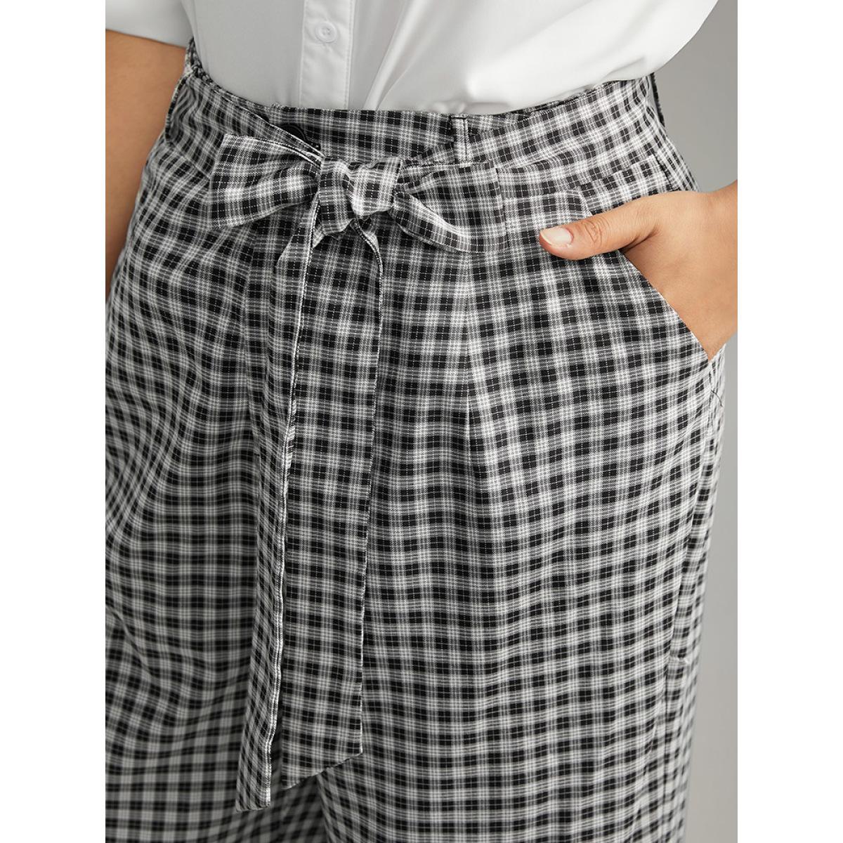 Plus Size Plaid Belted Bowknot Wide Leg Pants Women Black Office Wide Leg High Rise Work Pants BloomChic 22-24/3X Product Image