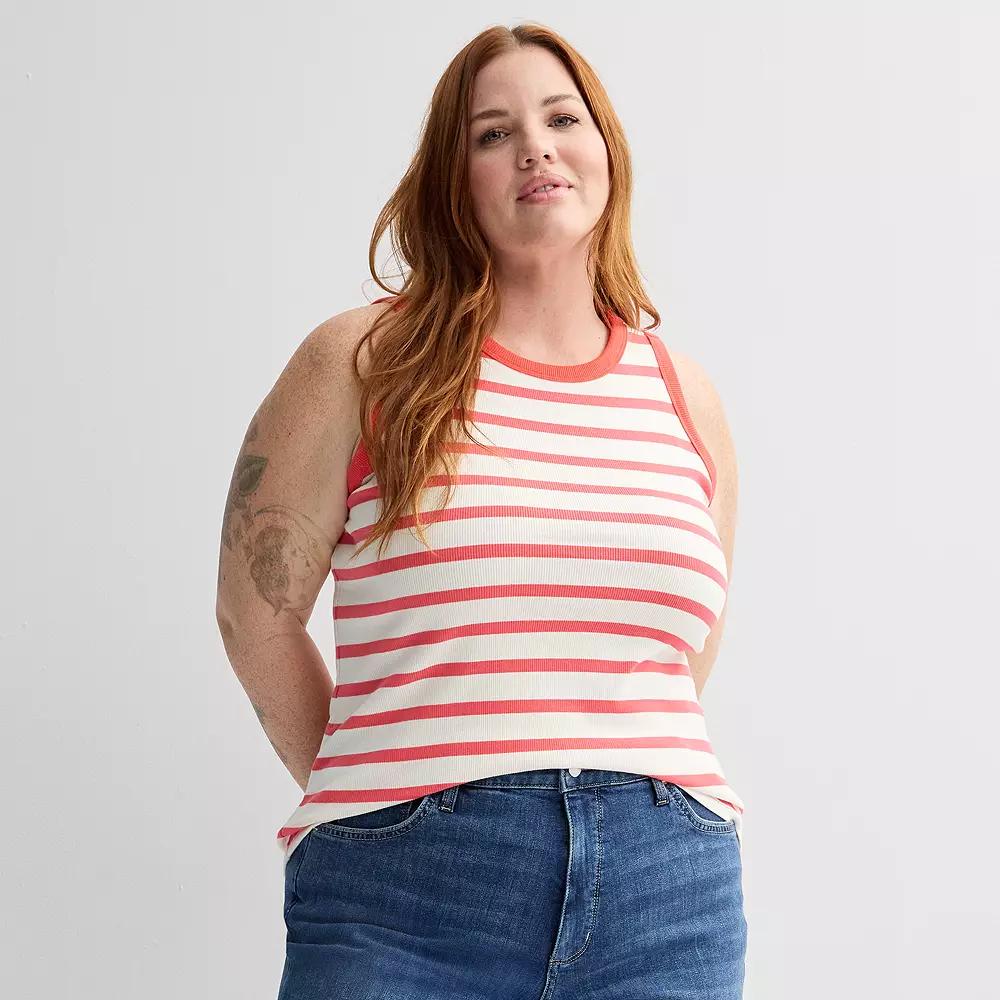 Plus Size Sonoma Goods For Life® High Neck Ribbed Layering Tank Top, Women's, Size: 0X, Coral Beige Stripe Product Image