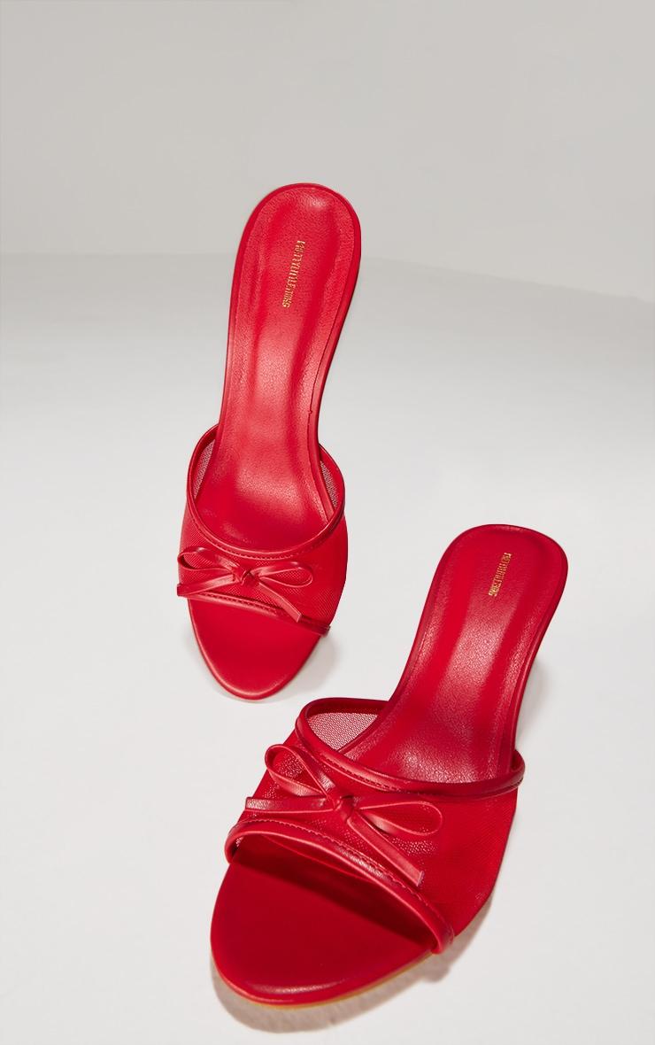 Red Mesh Round Toe Bow Strap Mid Heeled Mules Product Image