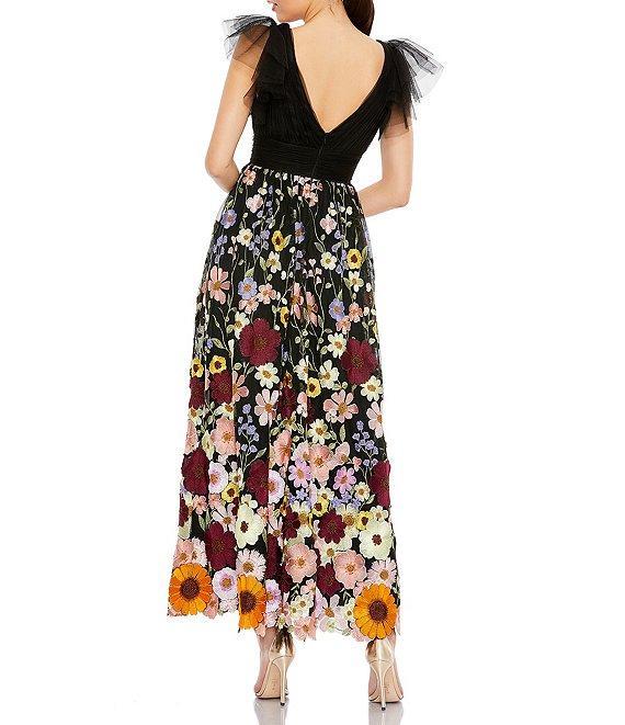 Mac Duggal Floral Embroidered V-Neck Cap Flutter Sleeve Dress Product Image