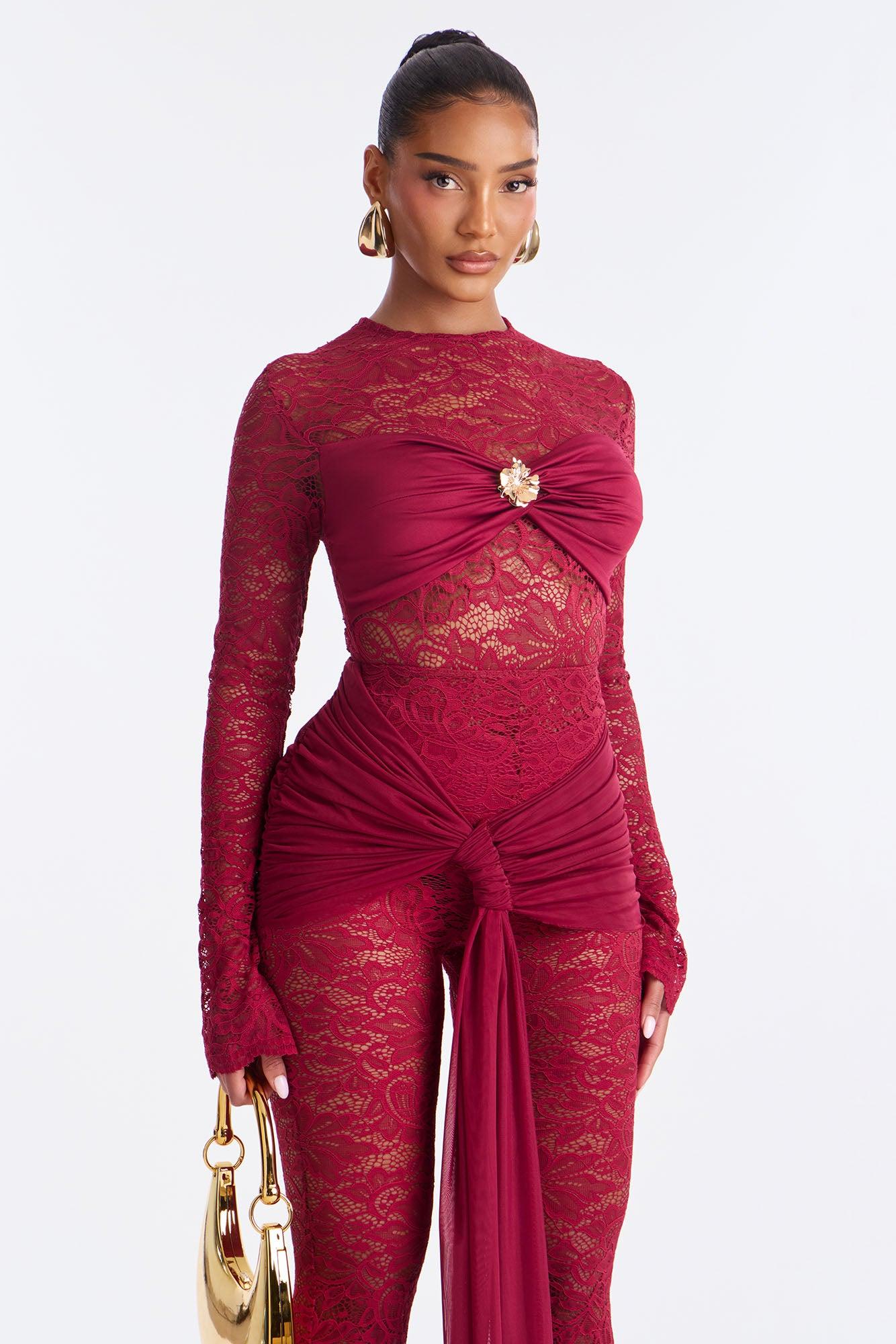 Antonelle Lace Flare Pant Set - Burgundy Female Product Image
