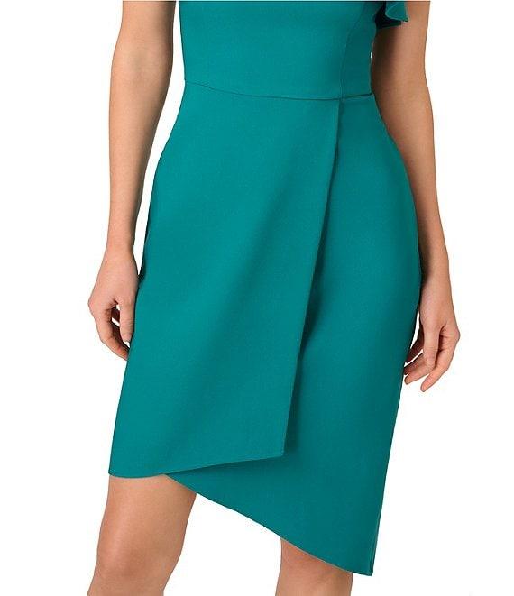 Adrianna by Adrianna Papell Stretch Crepe One Shoulder Ruffle Neck Asymmetrical Hem Wrap Waist Dress Product Image