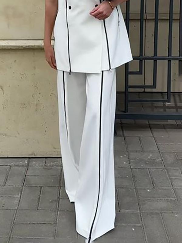 High Waisted Loose Contrast Color Solid Color Zipper Pants Trousers Product Image