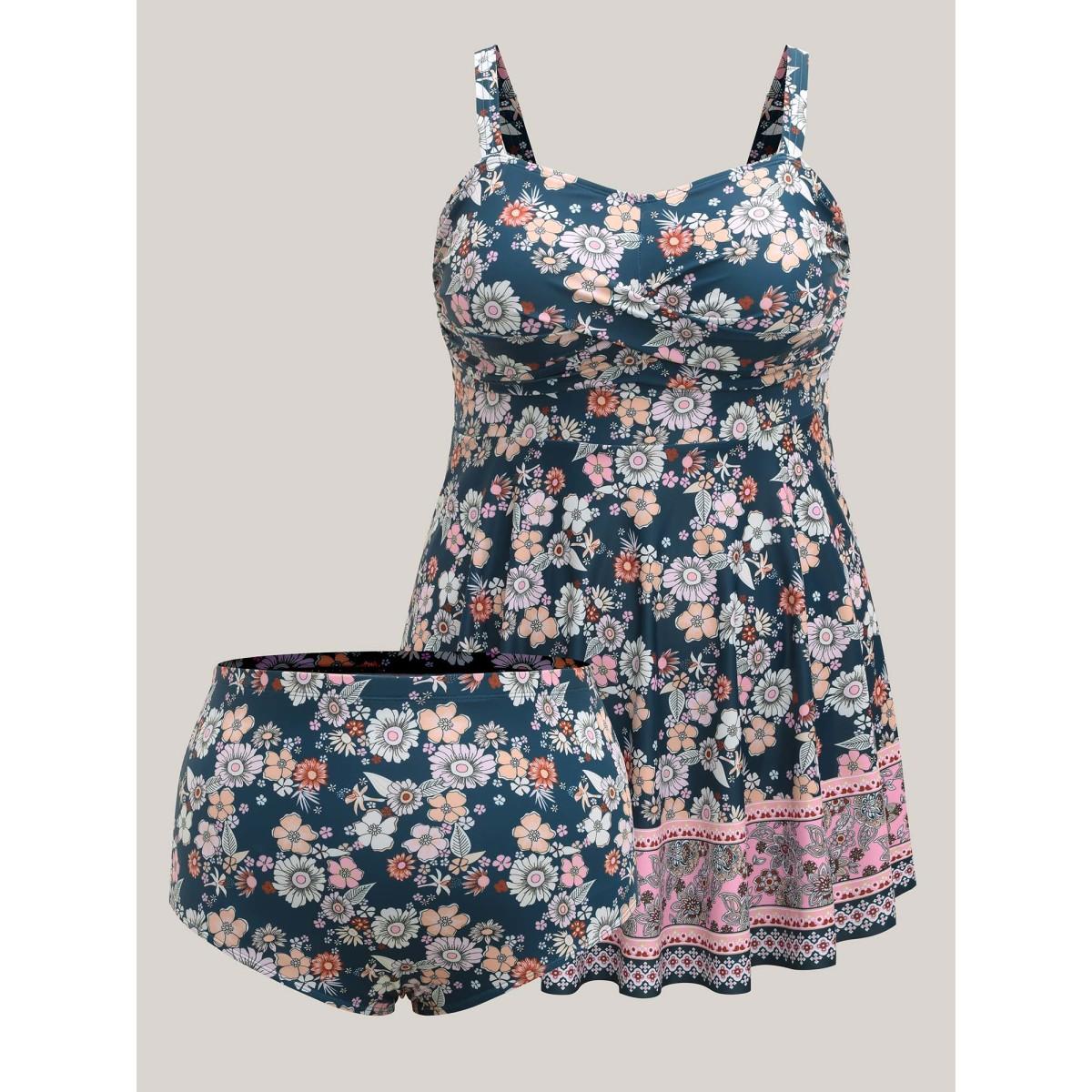 Plus Size Twist Front Floral Print Swim Dress Women's Swimwear Cyan Resort Bodycon Heart neckline High stretch Curve Swim Dresses BloomChic 28/5X Product Image