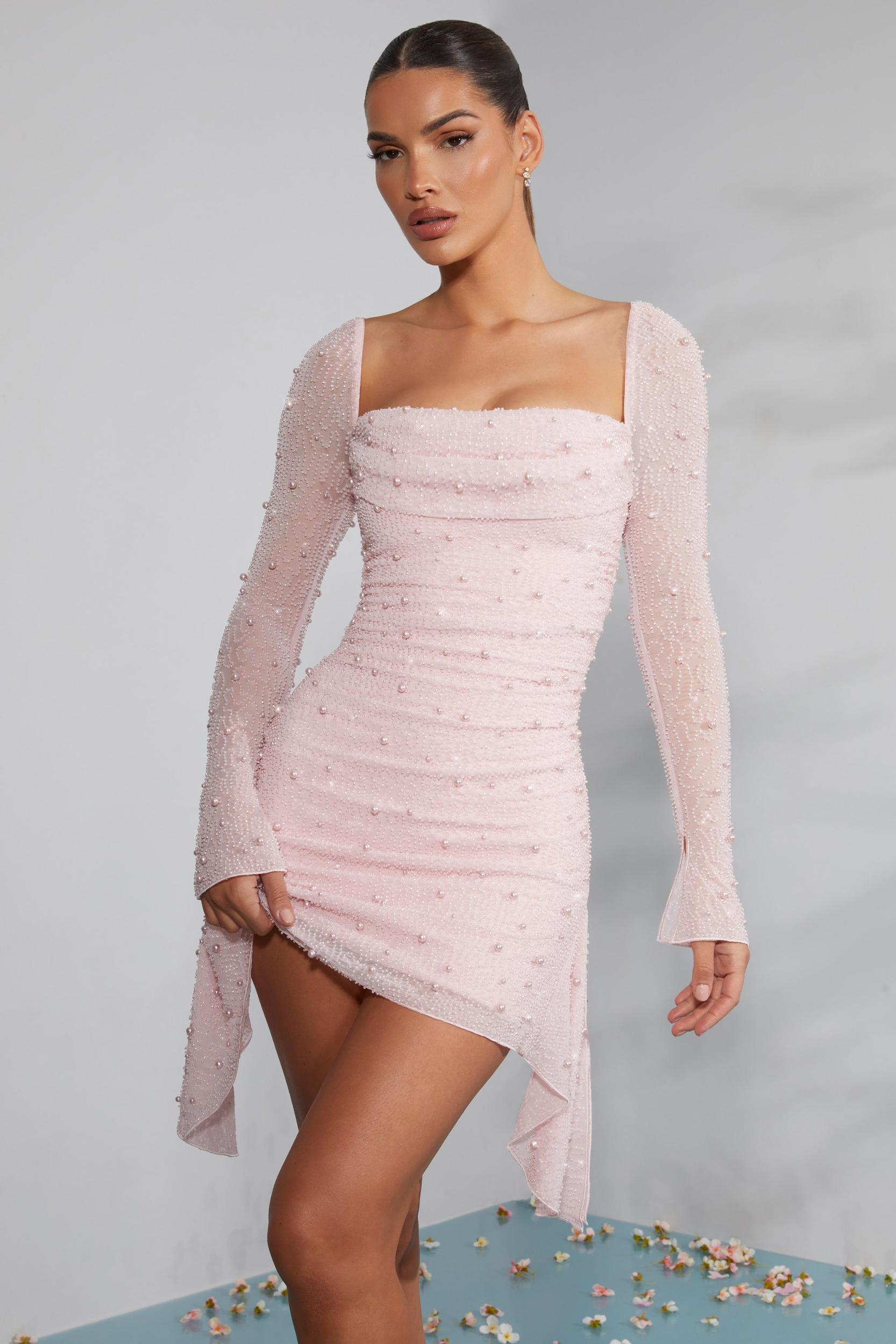 Long Sleeve Embellished Cowl Neck Mini Dress in Blush Product Image