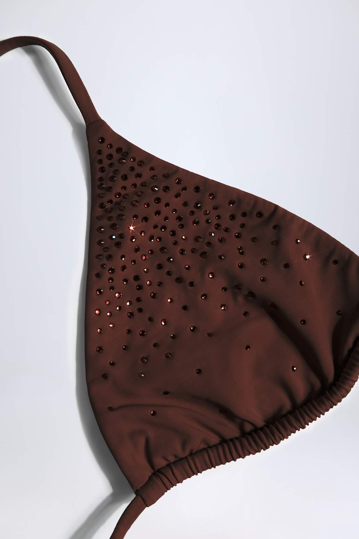 Embellished Drawstring Thong Bikini Bottoms in Chocolate Brown Product Image