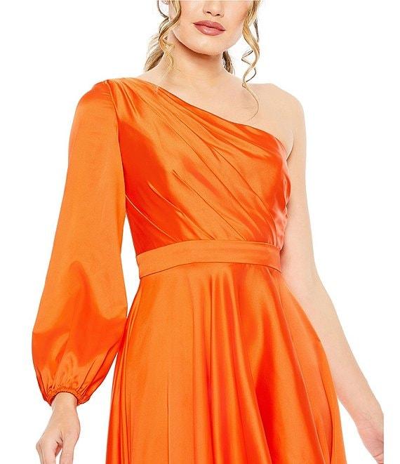 Mac Duggal One Sleeve Satin Ruffle Front Hi Low Dress Product Image