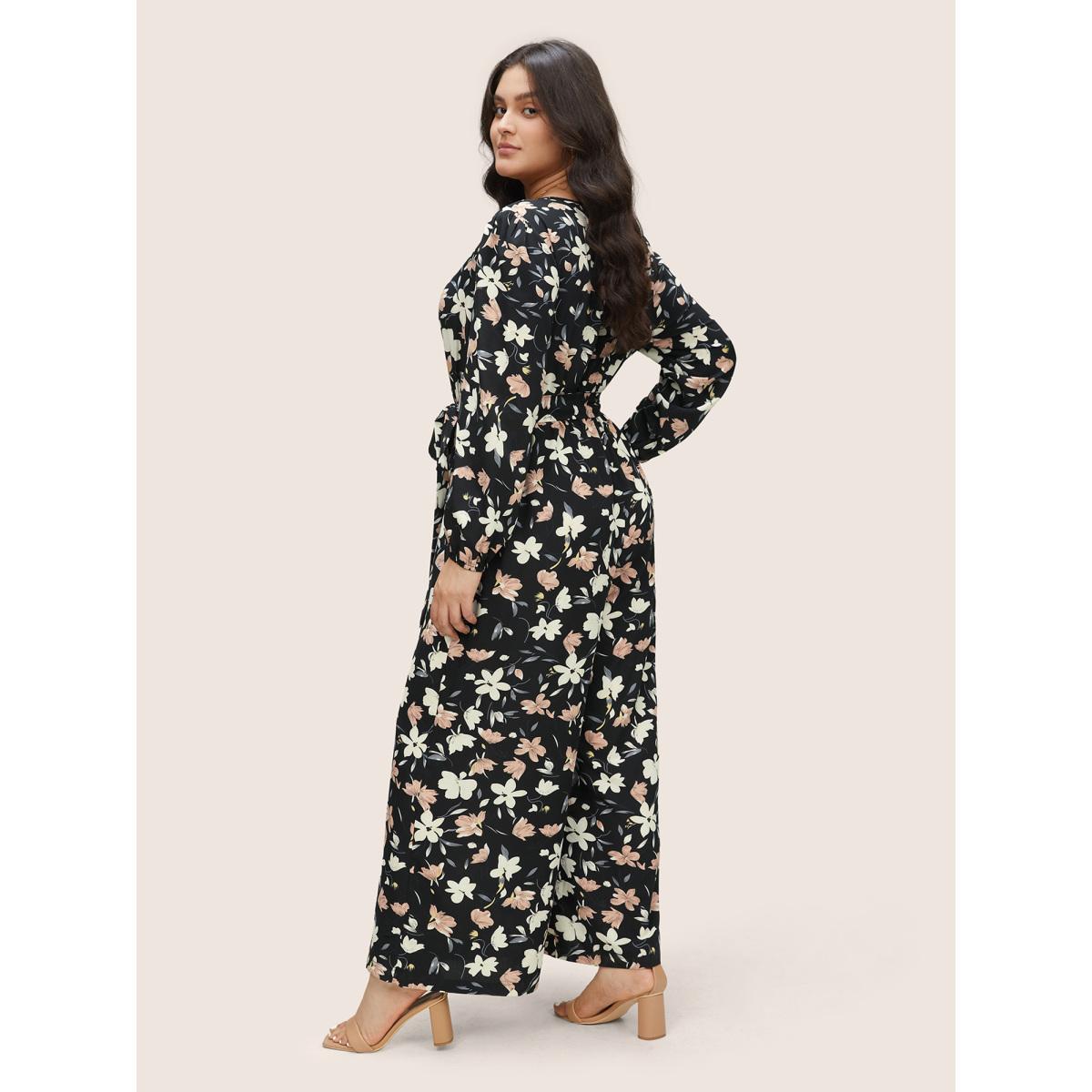 Plus Size Black Floral Elastic Waist Belted Wrap Jumpsuit Women Elegant Long Sleeve Overlap Collar Everyday Loose Jumpsuits BloomChic 14-16/1X Product Image