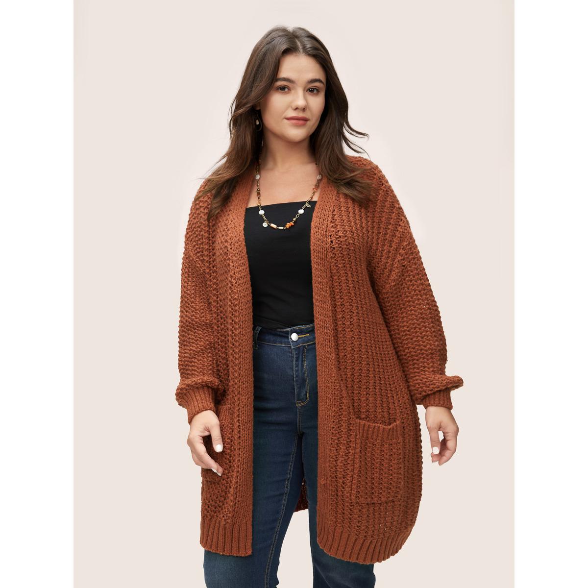 Plus Size Plain Dual Pocket Open Front Cardigan Chocolate Women Casual Loose Long Sleeve Dailywear Cardigans BloomChic 28/5X Product Image