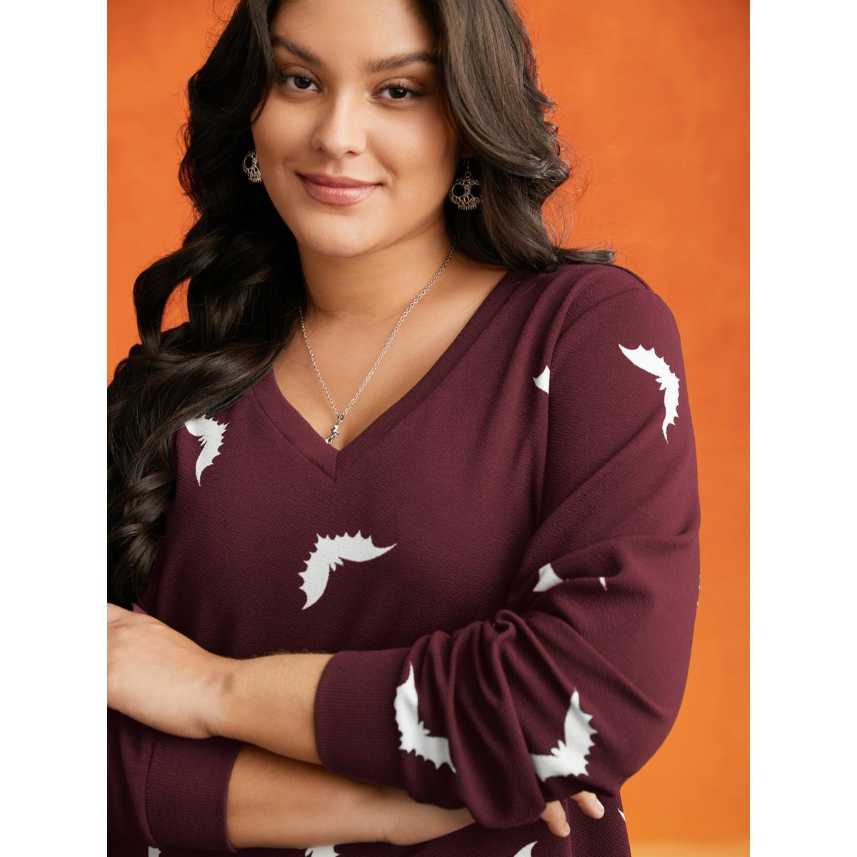 Plus Size Bat Print V-Neck Sweatshirt Women Scarlet Casual Patchwork Loose V-neck Everyday Sweatshirts BloomChic 22-24/3X Product Image