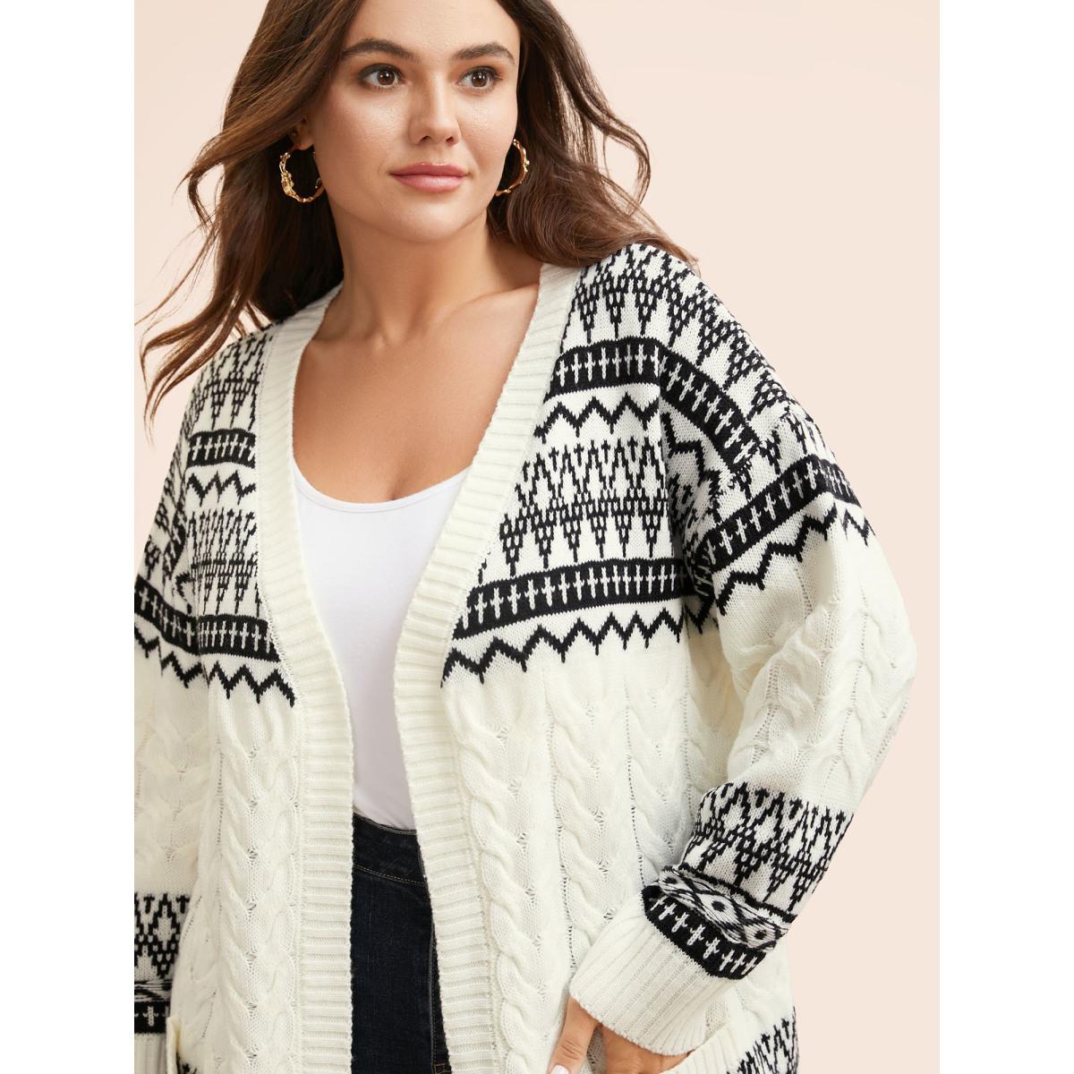 Plus Size Bandana Jacquard Cable Knit Pocket Cardigan Ivory Women Leisure Loose Long Sleeve Casual Cardigans BloomChic 30/6X Product Image
