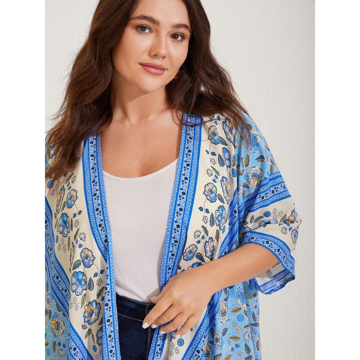 Plus Size Floral Color Block Breezy Kimono Women LightBlue Asymmetrical Loose Vacation Kimonos BloomChic 26/4X Product Image