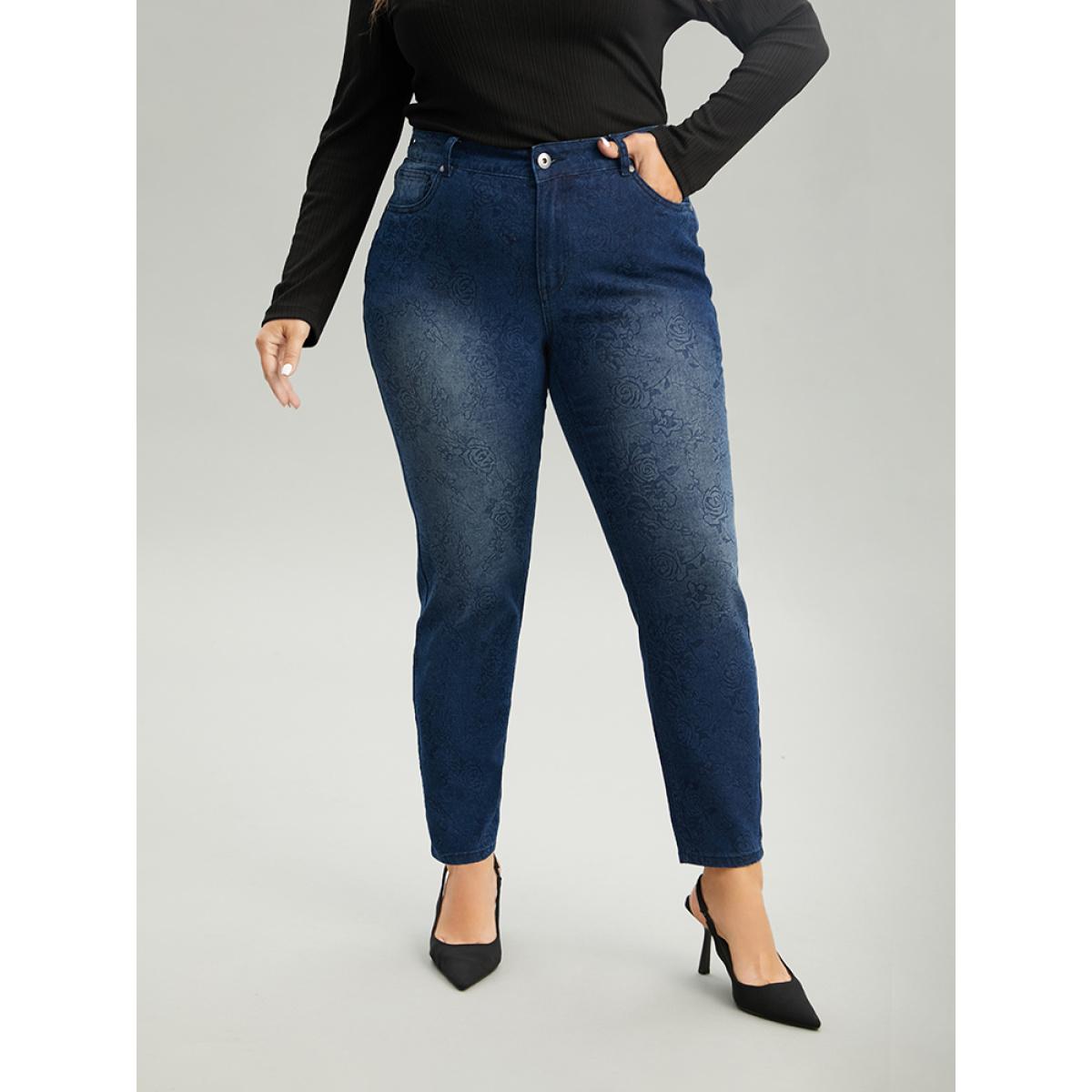 Plus Size Very Stretchy Rose Print Dark Wash Jeans Women DarkBlue Casual Floral Zipper High stretch Pocket Jeans BloomChic 14/1X Product Image