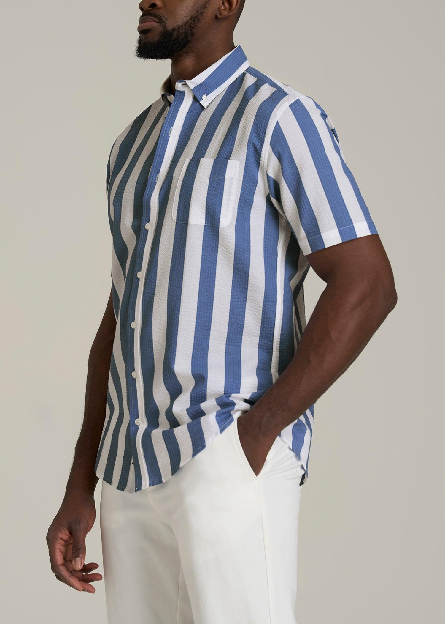 Seersucker Short Sleeve Shirt for Tall Men in Periwinkle Blue Stripe Male Product Image