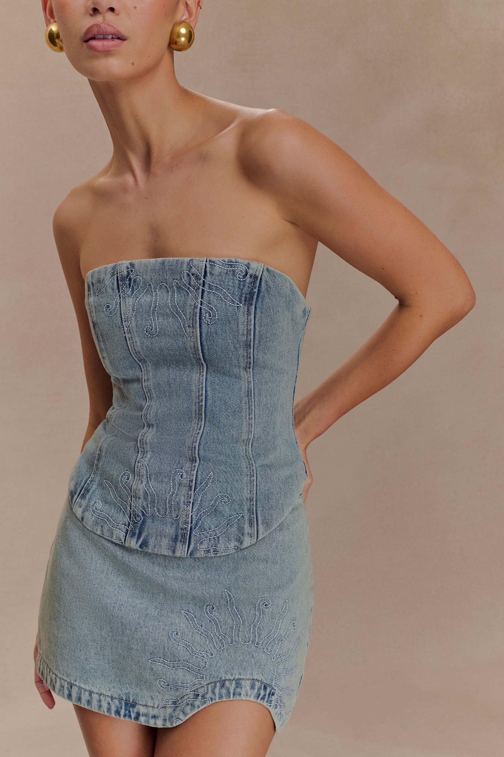 Alessia Embroidered Denim Corset - Light Vintage Product Image
