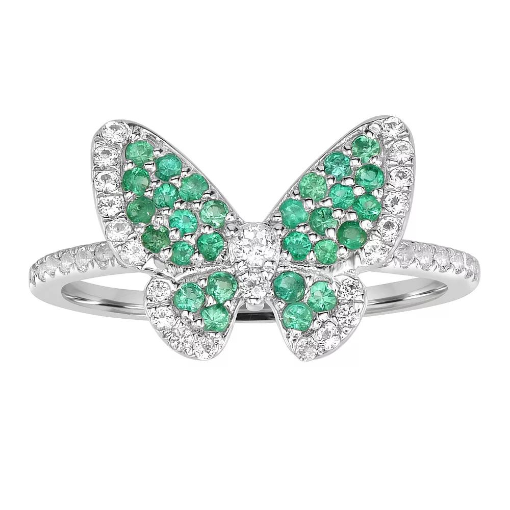Gemistry 14k White Gold Gemstone & White Topaz Butterfly Stretch Ring, Women's, Size: 7, Green Product Image