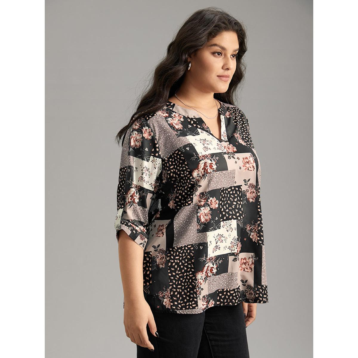 Plus Size BlackFlower Floral Colorblock Contrast Tab Sleeve Blouse Women Elegant Elbow-length sleeve V-neck Dailywear Blouses BloomChic 14-16/1X Product Image