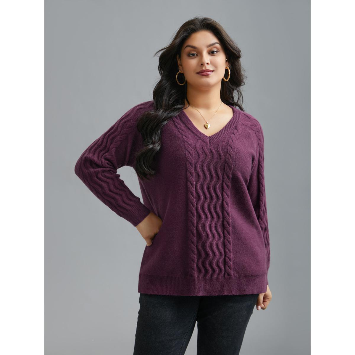 Plus Size Plain V Neck Cable Knit Pullover Deeppurplered Women Casual Loose Long Sleeve V-neck Everyday Pullovers BloomChic 22-24/3X Product Image