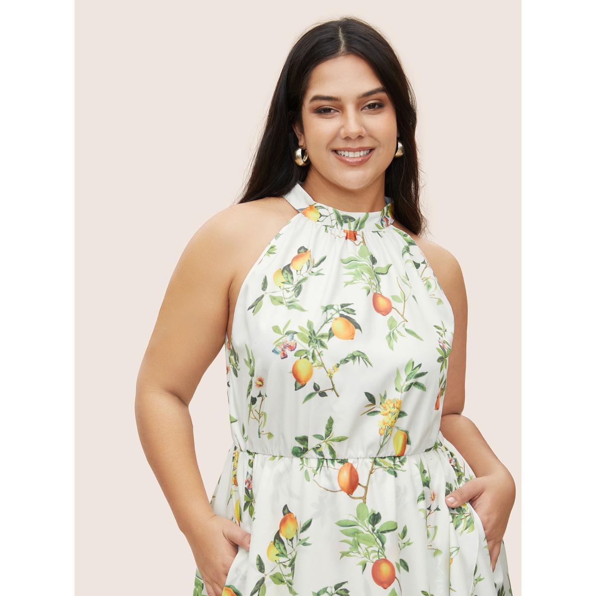 Plus Size Citrus Lemon Print Elastic Waist Halter Neck Dress Ivory Women Elegant Non Halter neck Sleeveless Curvy Midi Dress BloomChic 12/L Product Image