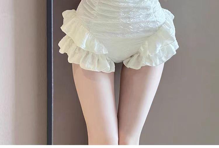 Spaghetti Strap Plain Bow Textured Swim Dress / Ruffle Swimsuit Product Image