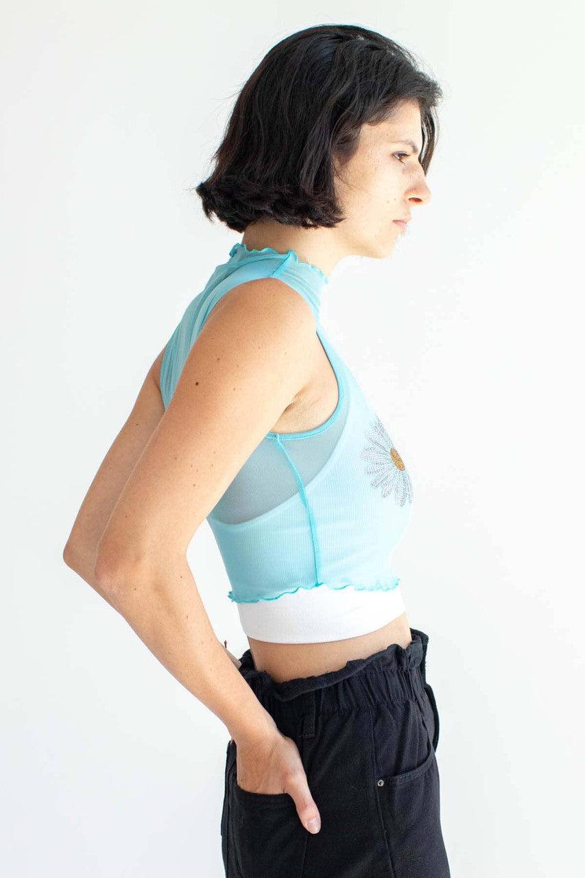 Blue Bedazzled Daisy Mesh Top Product Image