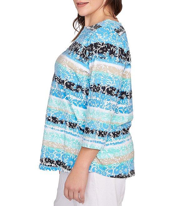 Ruby Rd. Plus Size Soft Jersey Knit Mixed Floral Watercolor Stripe Boat Neck 3/4 Sleeve Top Product Image