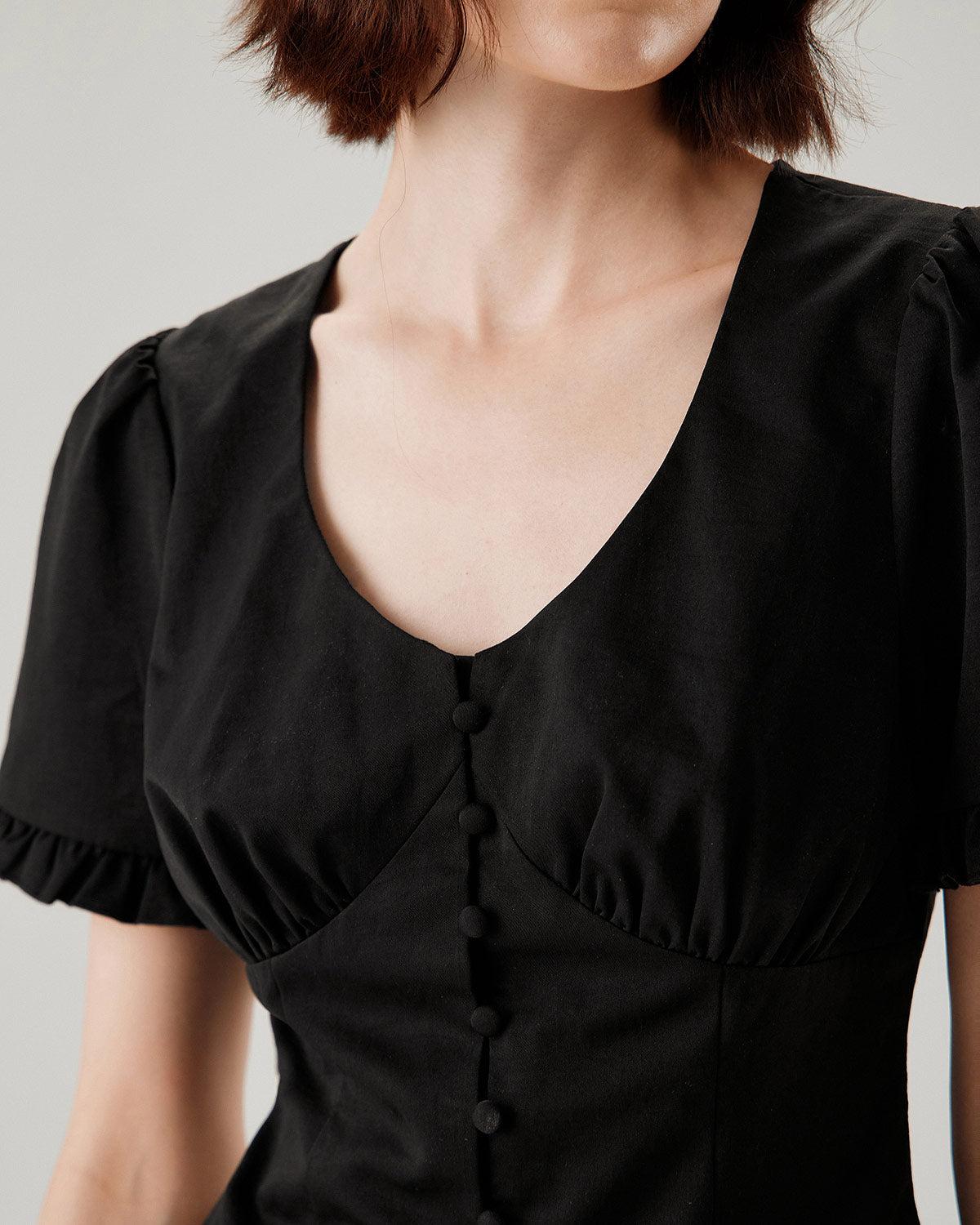 Black V-Neck Ruffle Puffed Sleeve Blouse Product Image