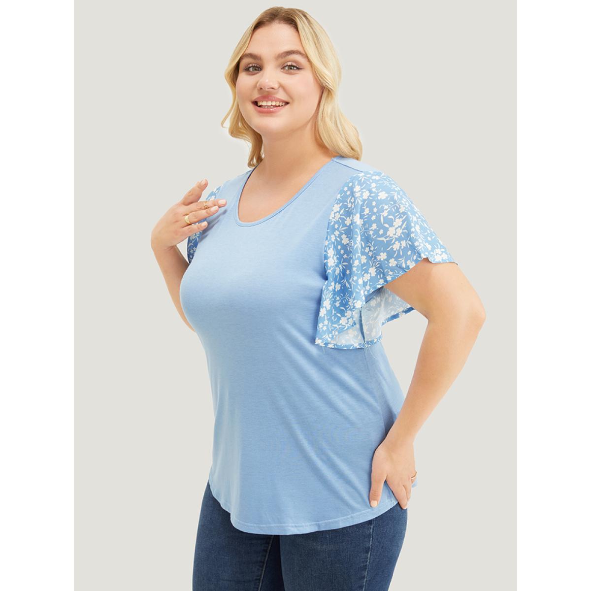 Plus Size Ditsy Floral Ruffle Sleeve Round Neck T-Shirt Stone Women Elegant Ditsy Floral Everyday T-shirts BloomChic 22-24/3X Product Image