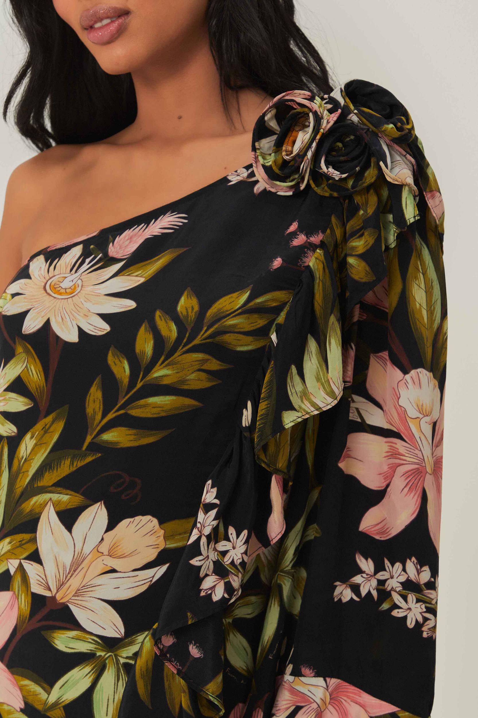 Black Surreal Flowers One-Shoulder Maxi Dress Product Image