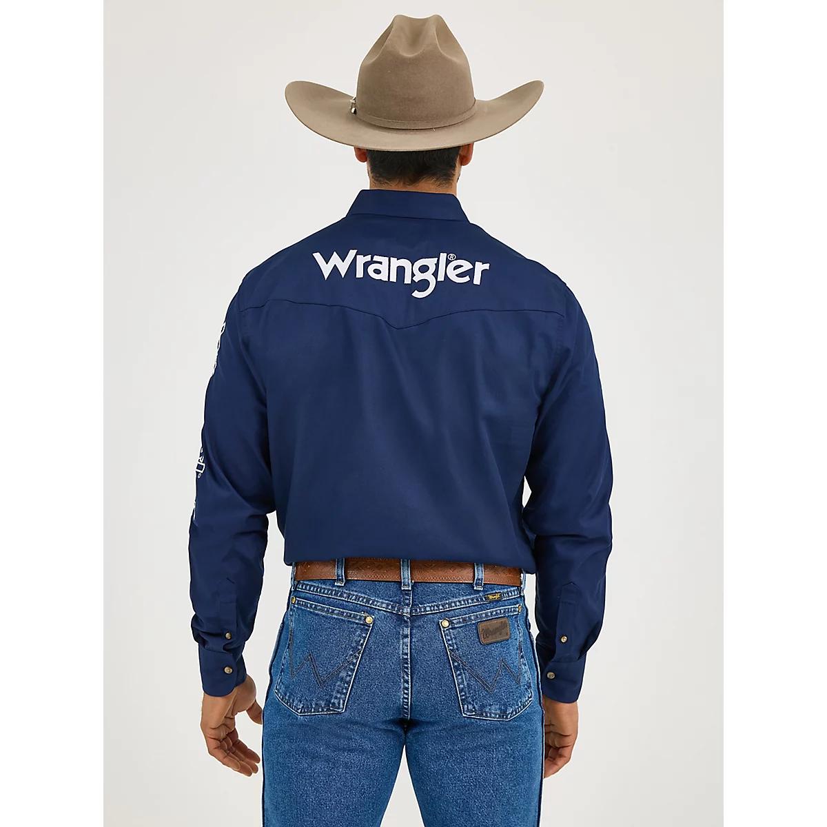 Men's Wrangler® Logo Long Sleeve Button Down Solid Shirt in Navy Product Image