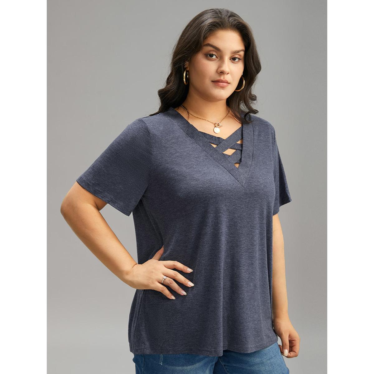Plus Size Plain Heather Crisscross V Neck T-shirt Blue Women Casual Heather Plain V-neck Dailywear T-shirts BloomChic 18-20/2X Product Image