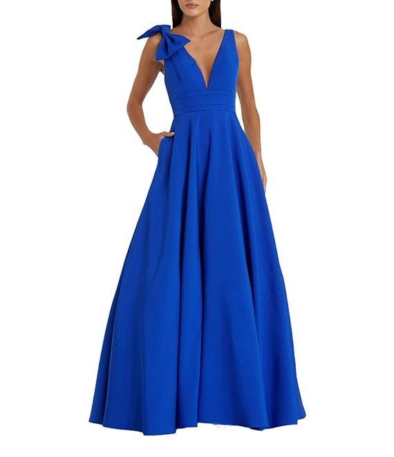Mac Duggal Deep V-Neck Bow Shoulder Crepe Ballgown Product Image