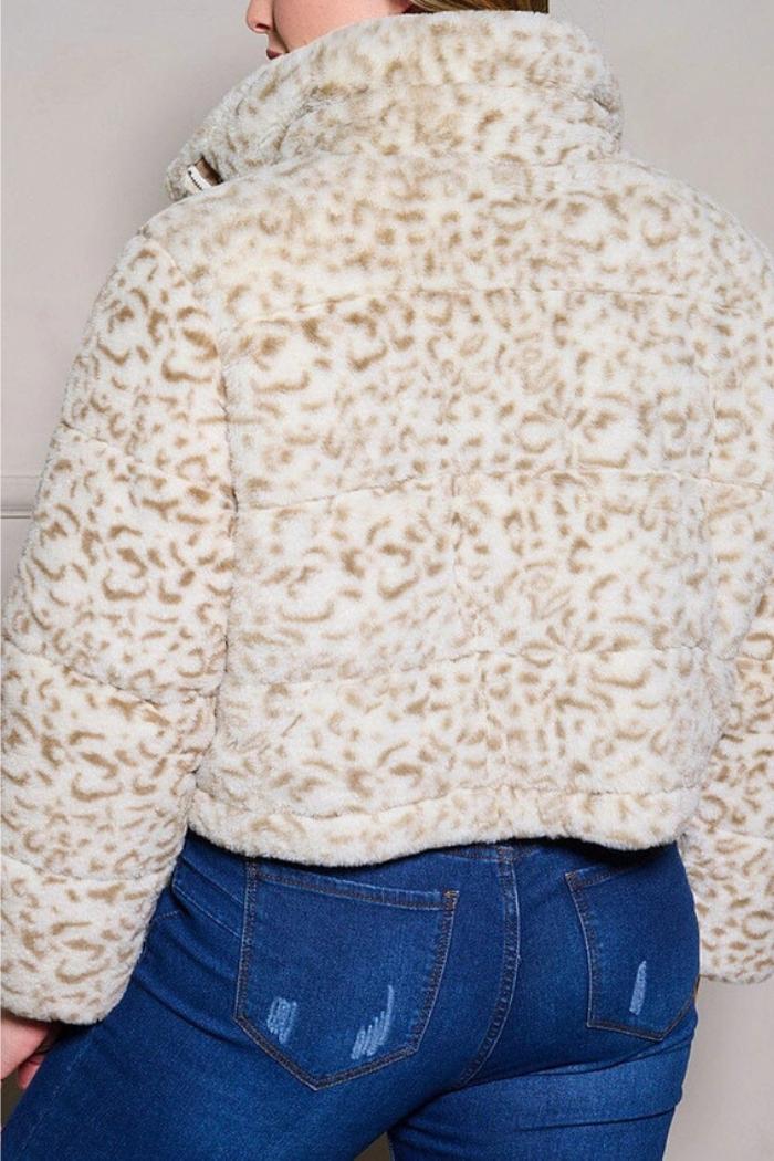 Zip Up Pockets Animal Print Sherpa Jacket Product Image