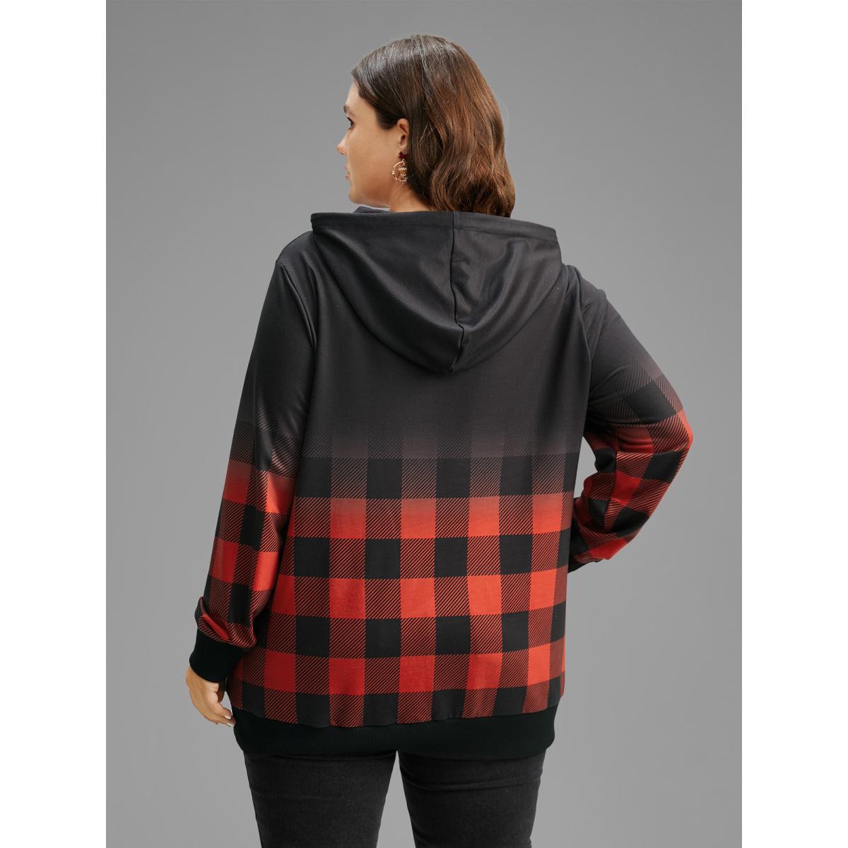 Plus Size Rib Knit Ombre Plaid Pocket Hooded Sweatshirt Women Red Casual Rib Knit Hooded Festival-Christmas Sweatshirts BloomChic 18-20/2X Product Image