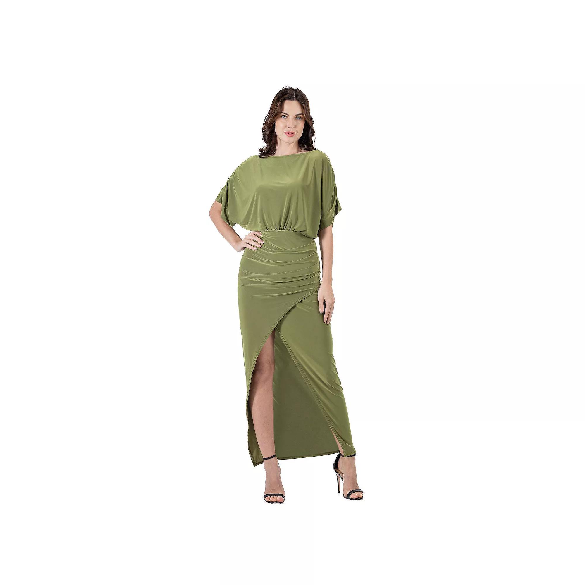 Women's 24Seven Comfort Apparel Long Sleeve Wide Boatneck Side Slit Maxi Dress,  Product Image
