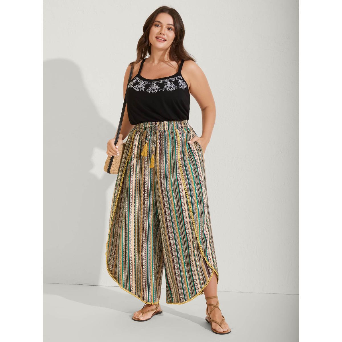 Plus Size Split Asymmetrical Hem Boho Pants Women Multicolor Boho Vacation Pants BloomChic 26/4X Product Image