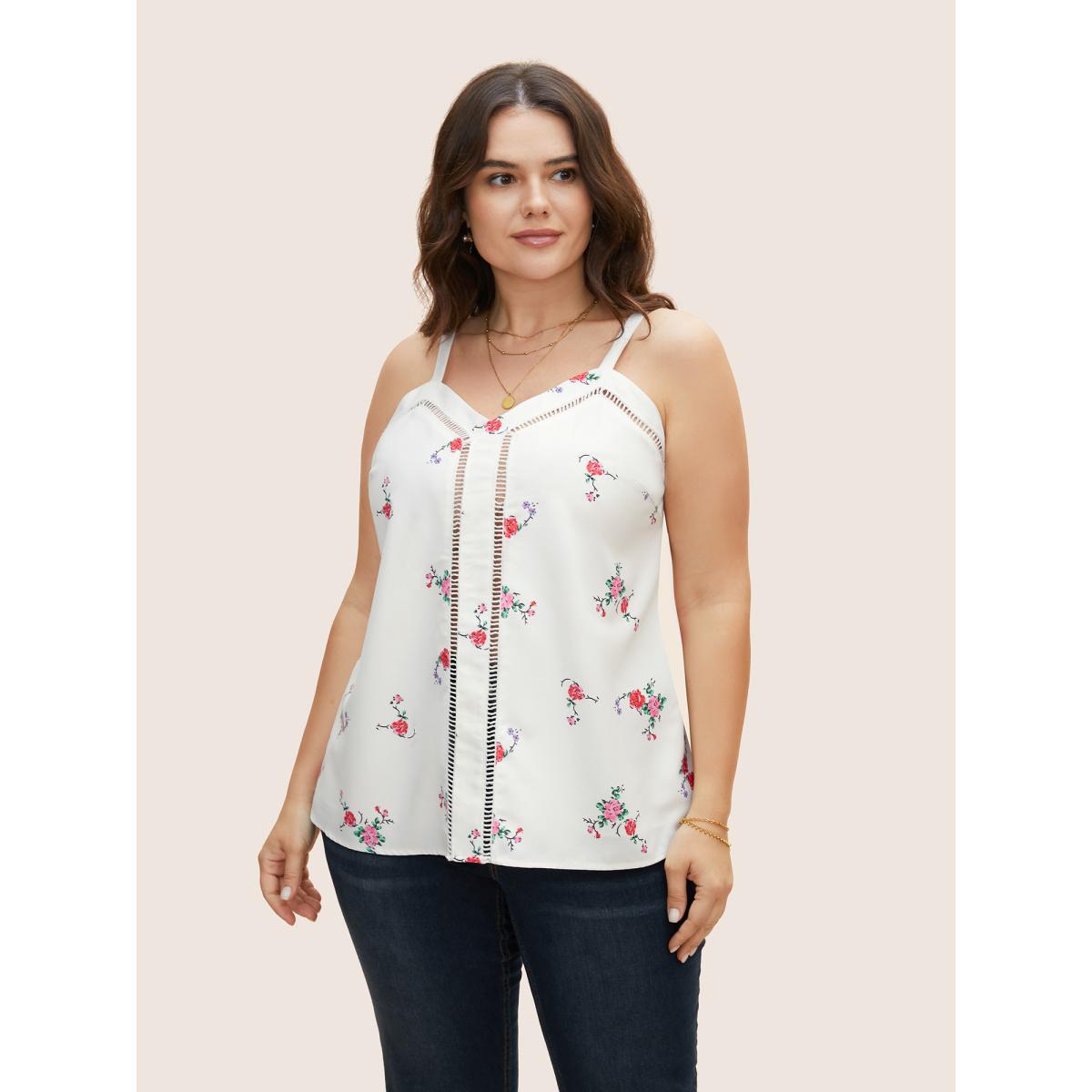 Plus Size Floral Print Patchwork Cut Out Cami Top Women Originalwhite Elegant Contrast Non Everyday Tank Tops Camis BloomChic 10/M Product Image