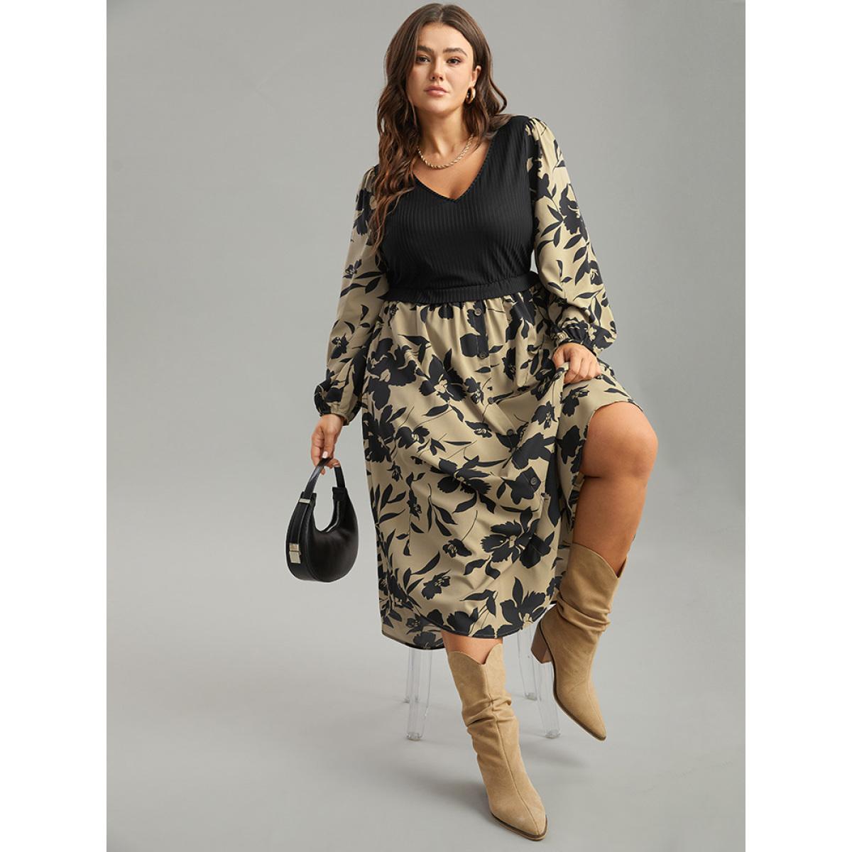 Plus Size Silhouette Floral Print Rib Knit Patchwork Dress LightBrown Women Elegant Elastic cuffs V-neck Long Sleeve Curvy Midi Dress BloomChic 18-20/2X Product Image