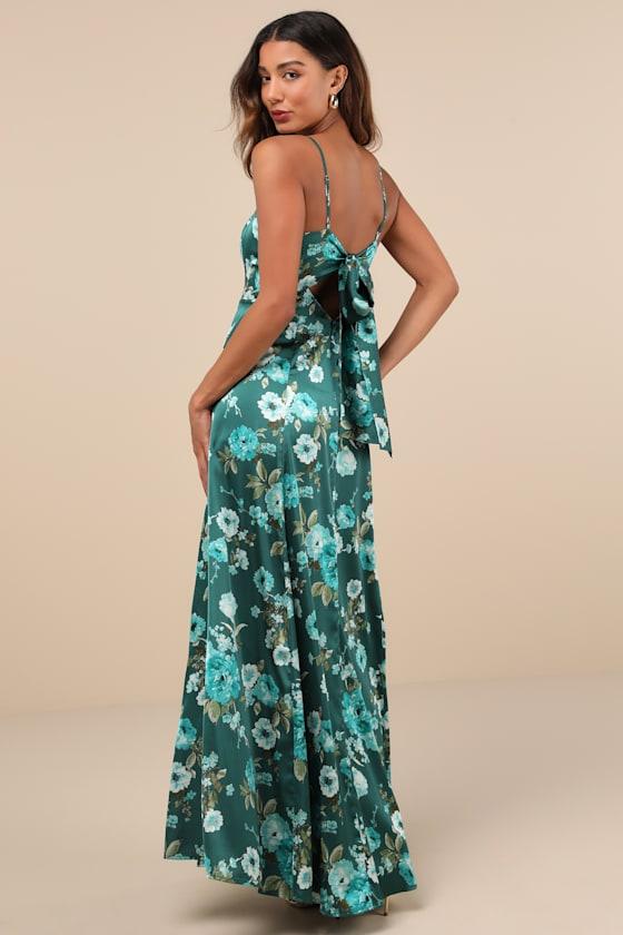 Sincerely Romantic Green Floral Satin Tie-Back Maxi Dress Product Image