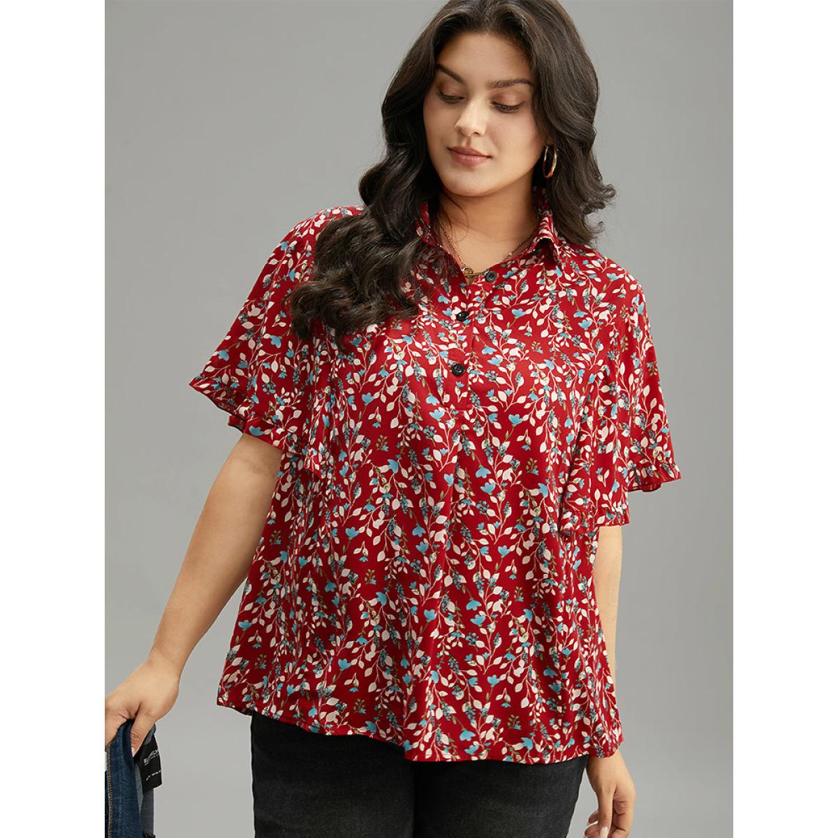 Plus Size Maroon Ditsy Floral Shirt Collar Button Through Ruffle Sleeve Blouse Women Elegant Short sleeve Shirt collar Dailywear Blouses BloomChic 22-24/3X Product Image