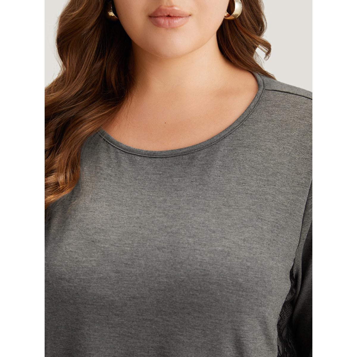 Plus Size Crochet Lace Crew Neck Patchwork T-shirt Gray Women Elegant Contrast Plain Round Neck Everyday T-shirts BloomChic 10/M Product Image