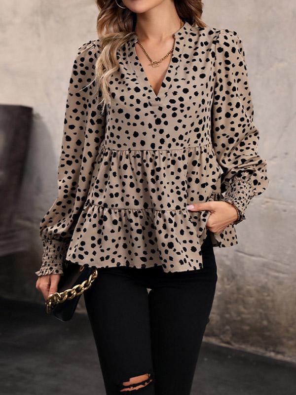 Long Sleeves Loose Elasticity Polka-Dot Split-Joint V-Neck Blouses&Shirts Tops Product Image