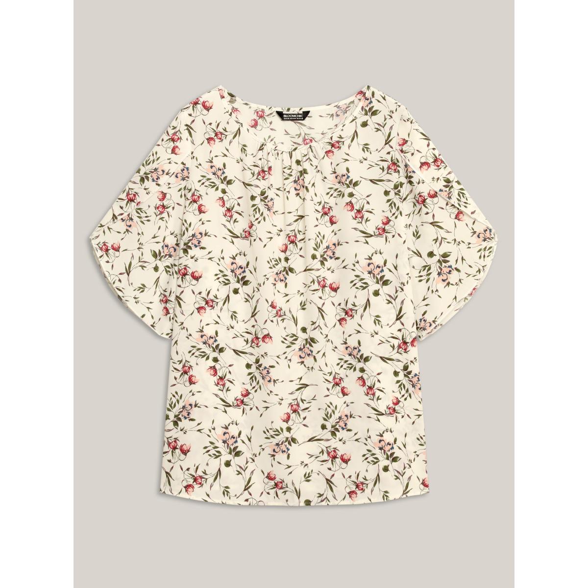 Plus Size Ivory Floral Print Petal Sleeve Pleated Blouse Women Timeless Elbow-length sleeve Round Neck Elegant Blouses BloomChic 18-20/2X Product Image