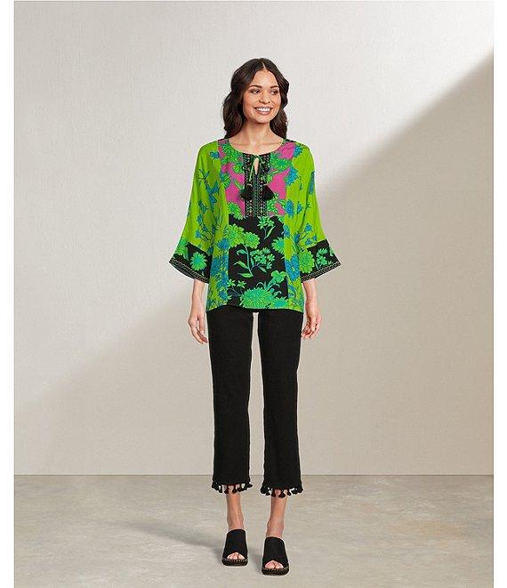 John Mark Petite Size Embroidered Printed Split Round Neck 3/4 Dolman Sleeve Tassel Tie Tunic Product Image