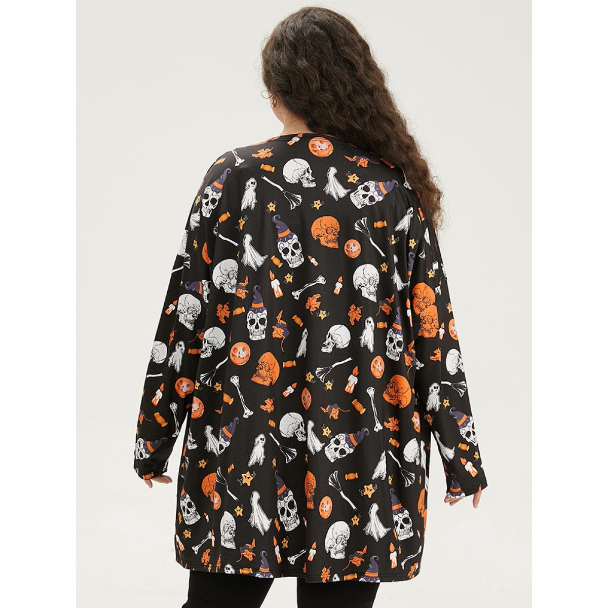 Plus Size Halloween Graphic Patched Pocket Tunic Kimono Women Black Casual Drape Pocket Dailywear Kimonos BloomChic 10/M Product Image